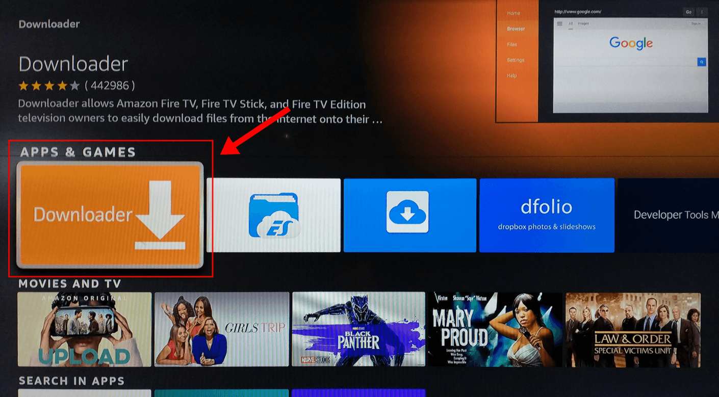 Downloader app in Amazon Fire TV App Store